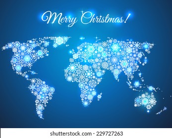 Christmas background, snowflakes world map for the new year, greeting card on blue background