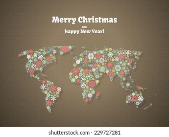Christmas background, snowflakes world map for the new year, greeting cards