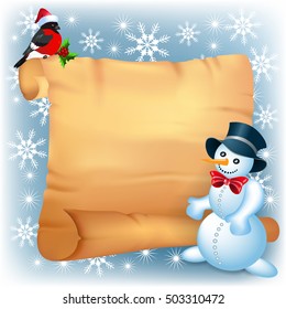 Christmas background with  snowman, bullfinch in Santa Claus hat and old paper signboard
