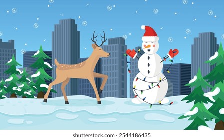 Christmas background with snowman and deer. Snowman got tangled in garland. Funny situation.