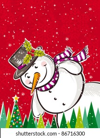 christmas background with snowman and forest of pine,  vector illustration
