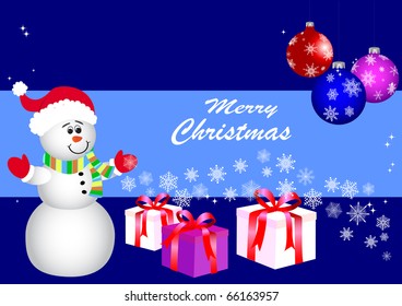 Christmas background with snowman, gifts and balls. vector.