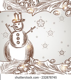 Christmas background with snowman and holly leaves