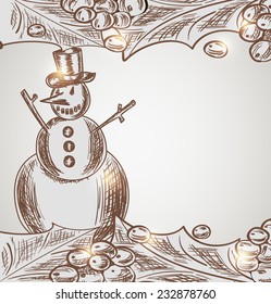 Christmas background with snowman and holly leaves