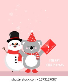 Christmas background with snowman,  little koala and letter to Santa Claus on pink background. cute cartoon character vector illustration. 