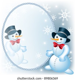 Christmas background with  snowman and mirror