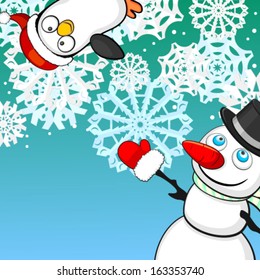 Christmas background with snowman and penguin 