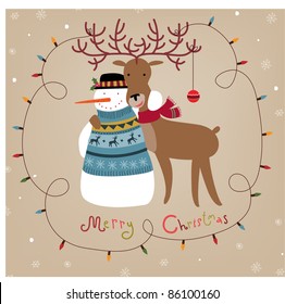 Christmas background with snowman and reindeer