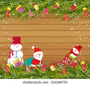 christmas background with snowman and santa claus on wood