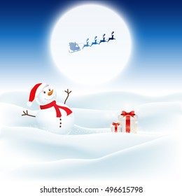 Christmas background with snowman and santa flying through the night sky
