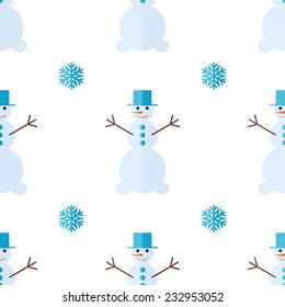 Christmas background with snowman and snowflake in flat style. Vector illustration