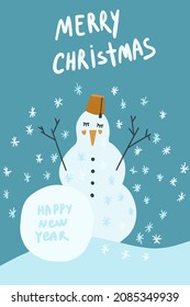 Christmas background with snowman and snowflakes. New year illustration. Holiday postcard.