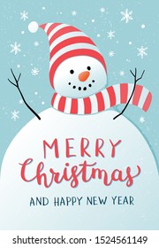 Christmas background with snowman and snowflakes on blue background. New year illustration.