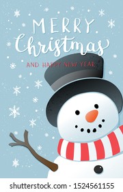 Christmas background with snowman and snowflakes on blue background. New year illustration.