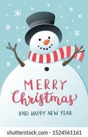 Christmas background with snowman and snowflakes on blue background. New year illustration.