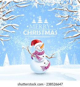 Christmas background with snowman and snowflakes. Vector illustration