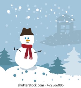 Christmas background. snowman and Christmas trees. snowflakes.