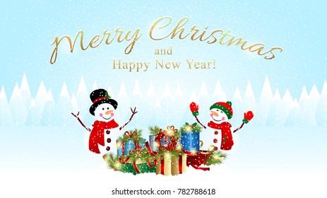 Christmas Background with Snowman and X'mas Presents