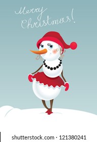 Christmas background with snowman-girl. Contains transparent objects used for shadows.