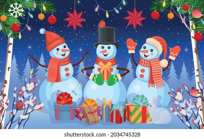 Christmas background with snowmen and gifts.Winter forest in winter. Concept of winter and christmas banner, sticker label and greeting card. Cartoon vector 