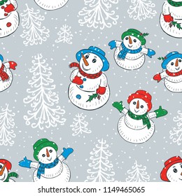 Christmas background with the snowmen looking on a snowfall