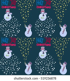 Christmas background. Snowmen and Christmas tree.  Illustration for a  wrapping paper,  wallpaper.  Season`s greeting handwritten calligraphy.  Seamless vector pattern.