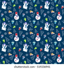 Christmas background. Snowmen and Christmas tree.  Illustration for a  wrapping paper,  wallpaper.  Elements for winter holiday card.  Seamless vector pattern.