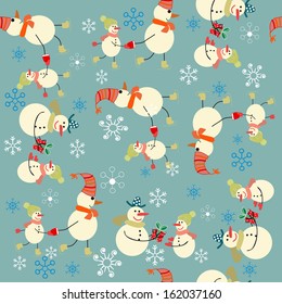 Christmas background with snowmen Vector Snowman retro style  Vintage pattern 