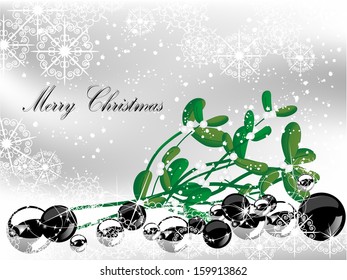 Christmas background with snowy balls and mistletoe