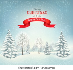 Christmas background with a snowy landscape and a red ribbon. Vector.