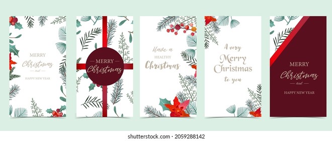 Christmas background for social media.Set of story with flower,leaf,ribbon