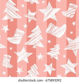 Christmas background, sock, star, tree, seamless, pink, vector. White Christmas trees, socks and stars are drawn with a diagonal bar on a pink striped background. 