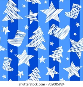 Christmas background, sock, star, tree, seamless, blue, vector. White Christmas trees, socks and stars are drawn with a diagonal bar on a blue striped background. 