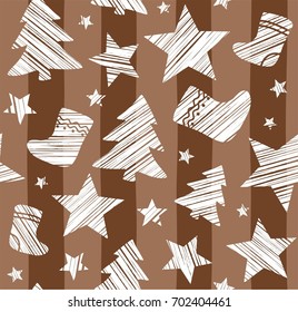 Christmas background, sock, star, tree, seamless, brown, vector. White Christmas trees, socks and stars are drawn with a diagonal bar on a brown striped background. 
