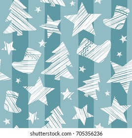 Christmas background, sock, star, tree, seamless, blue-gray, vector. White Christmas trees, socks and stars are drawn with a diagonal bar on a blue striped background. 