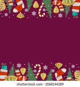 Christmas background with socks, new year trees, snowflakes, decoration and gifs. Vector image, eps10