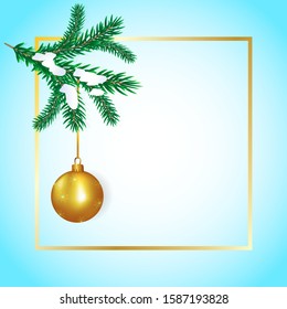 Christmas background, space for text, golden ball and fir tree branch