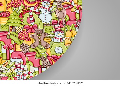 Christmas background with space for text. For a greeting card, flyer, or brochure. Hand drawn cartoon style doodle vector illustration.