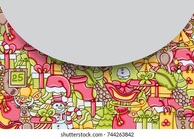 Christmas background with space for text. For a greeting card, flyer, or brochure. Hand drawn cartoon style doodle vector illustration.