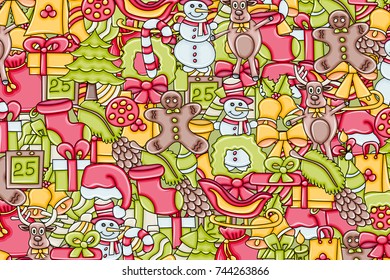 Christmas background with space for text. For a greeting card, flyer, or brochure. Hand drawn cartoon style doodle vector illustration.