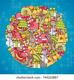 Christmas background with space for text. For a greeting card, flyer, or brochure. Hand drawn cartoon style doodle vector illustration.