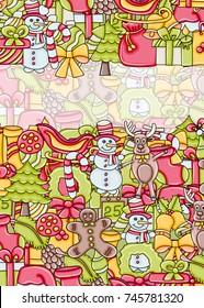 Christmas background with space for text. For a greeting card, flyer, or brochure. Hand drawn cartoon style doodle vector illustration.