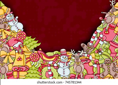 Christmas background with space for text. For a greeting card, flyer, or brochure. Hand drawn cartoon style doodle vector illustration.