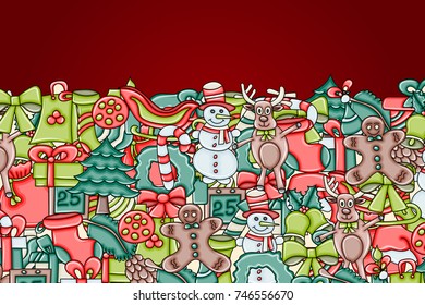 Christmas background with space for text. For a greeting card, flyer, or brochure. Hand drawn cartoon style doodle vector illustration.