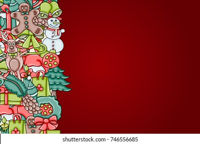 Christmas background with space for text. For a greeting card, flyer, or brochure. Hand drawn cartoon style doodle vector illustration.