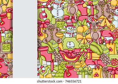 Christmas background with space for text. For a greeting card, flyer, or brochure. Hand drawn cartoon style doodle vector illustration.