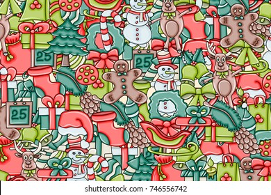 Christmas background with space for text. For a greeting card, flyer, or brochure. Hand drawn cartoon style doodle vector illustration.