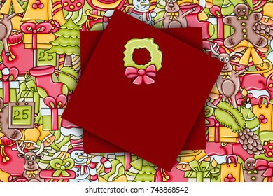 Christmas background with space for text. For a greeting card, flyer, or brochure. Hand drawn cartoon style doodle vector illustration.