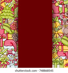 Christmas background with space for text. For a greeting card, flyer, or brochure. Hand drawn cartoon style doodle vector illustration.