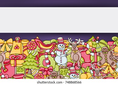 Christmas background with space for text. For a greeting card, flyer, or brochure. Hand drawn cartoon style doodle vector illustration.